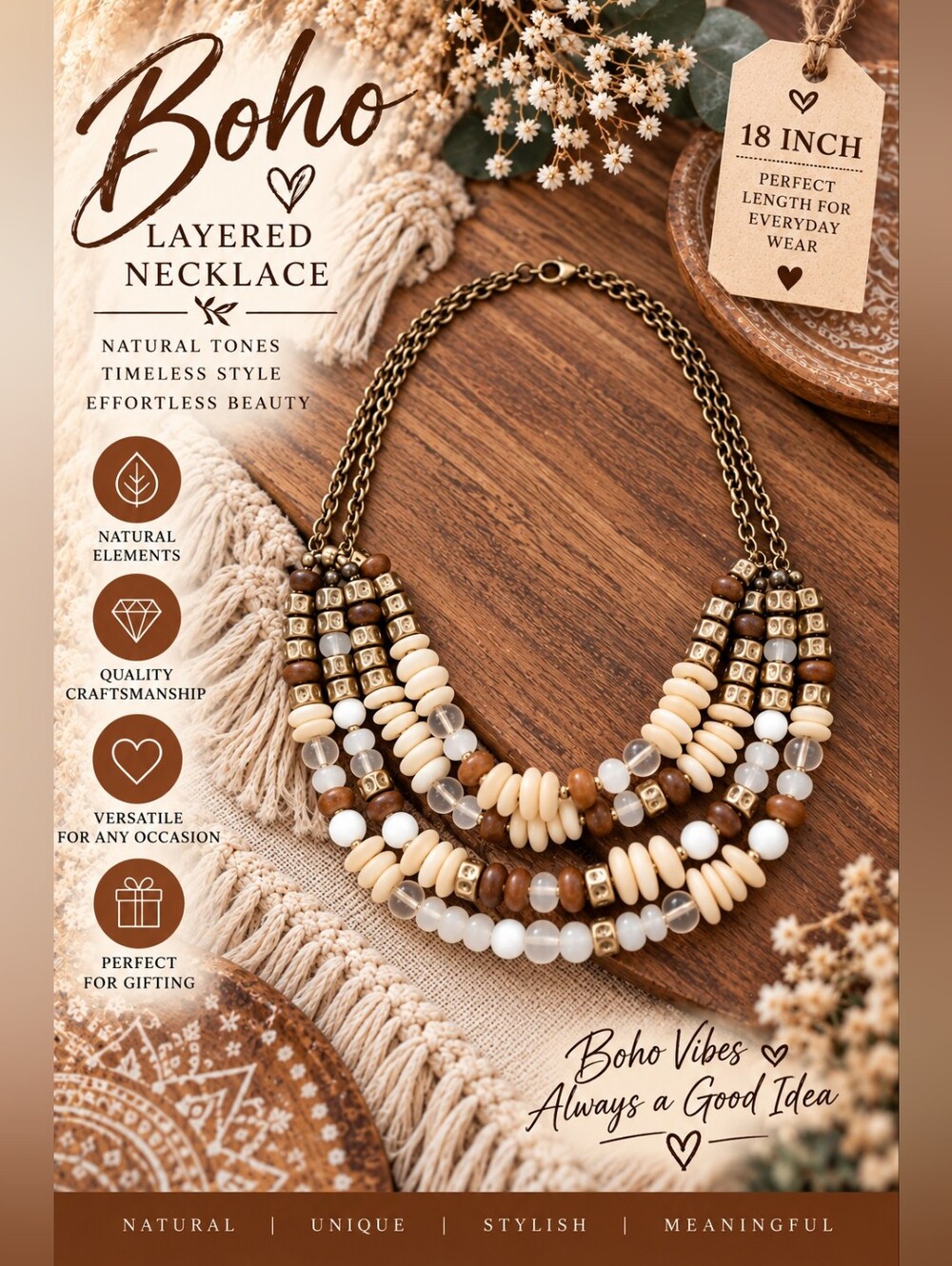 700 Boho Layered Necklace in Cream & Brown